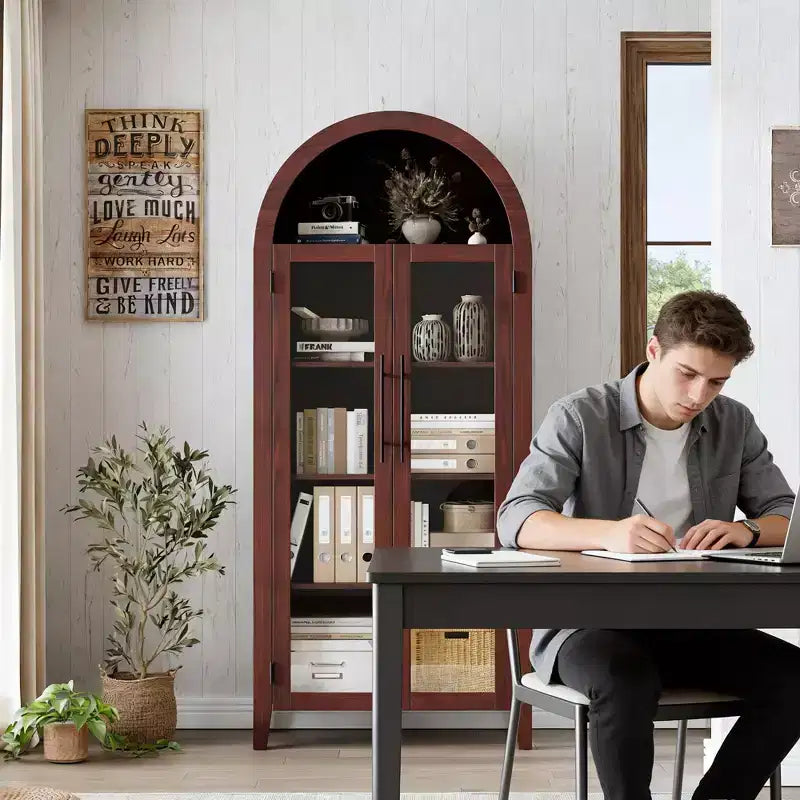 Armoire de rangement haute et cintrée avec portes vitrées, bibliothèque d’exposition à 5 niveaux avec étagères réglables pour la cuisine ou le salon