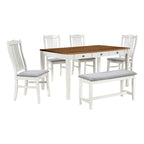 6-delige houten eetkamerset met 4 stoelen en bank, tafel met lade
