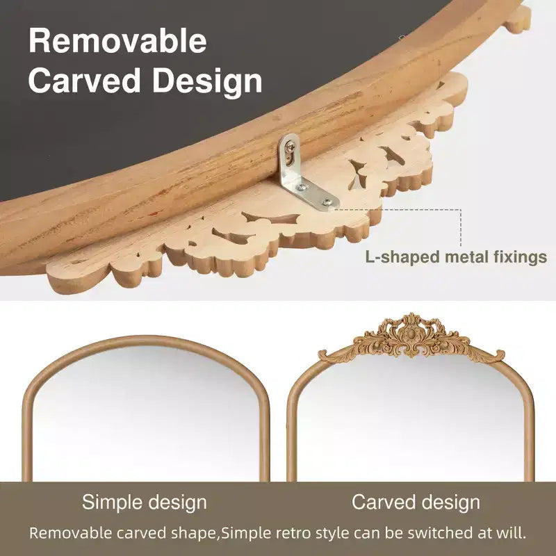 Miroir mural avec cadre en bois en forme d’arche classique sculptée et partie inférieure en rotin, marron, 37 in. W x 71 in. H