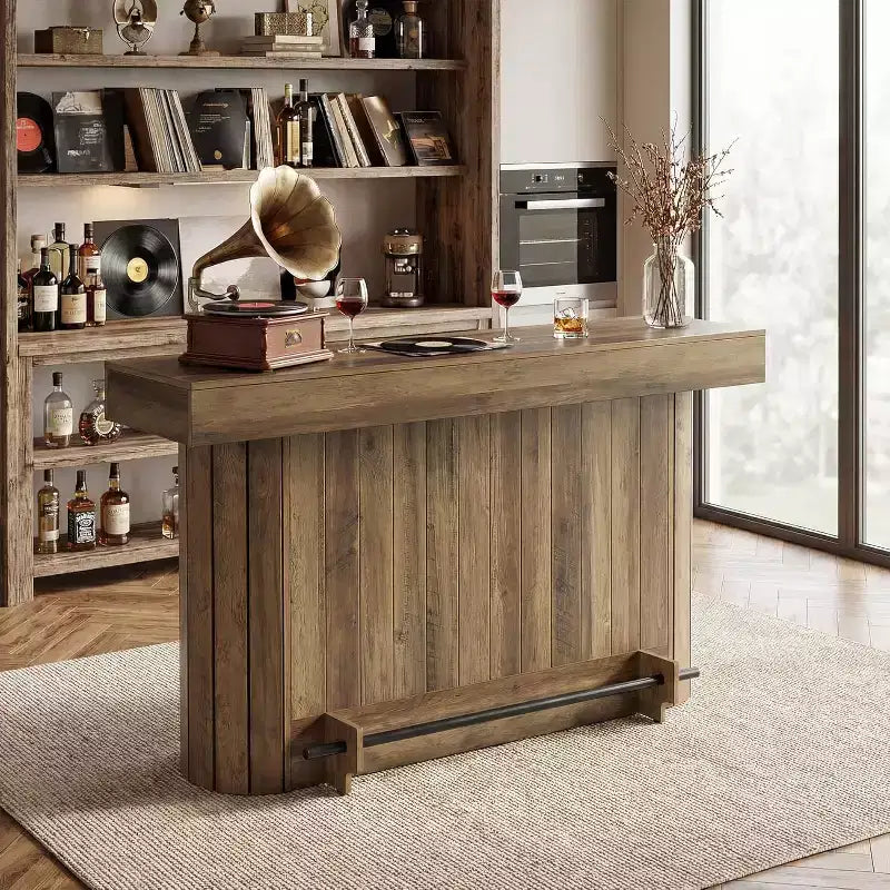 Lantine Bar Table, 63-Inch Wooden Home Bar Unit with Metal Footrest, Pub Table with Storage Shelves for Living Room, Bistro, Dining Room (Brown)