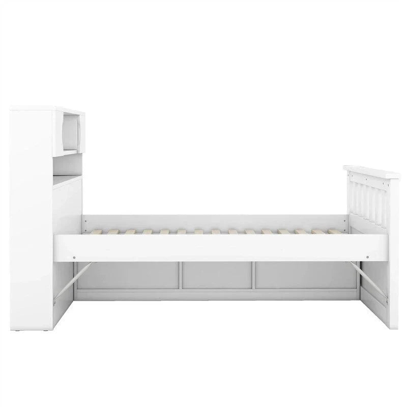 Lit plateforme de capitaine Twin/Full avec 4 tiroirs et étagères de rangement, structure en bois massif avec tête de lit bibliothèque et rangements