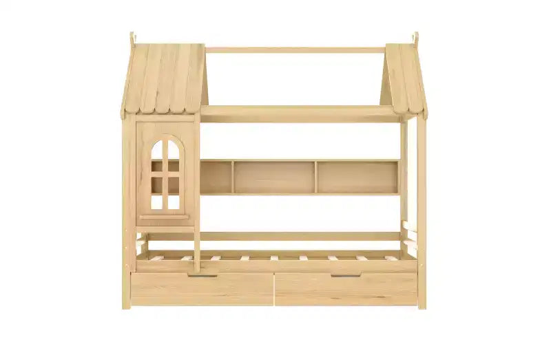 Lit plateforme en forme de maison avec tiroirs de rangement et fenêtre, cadre en bois massif avec étagères, design ludique pour enfant, blanc clair