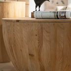 Table basse ronde de rangement rétro, en bois, adaptée au salon, à la salle à manger ou au bureau.