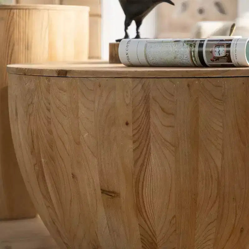 Table basse ronde de rangement rétro, en bois, adaptée au salon, à la salle à manger ou au bureau.