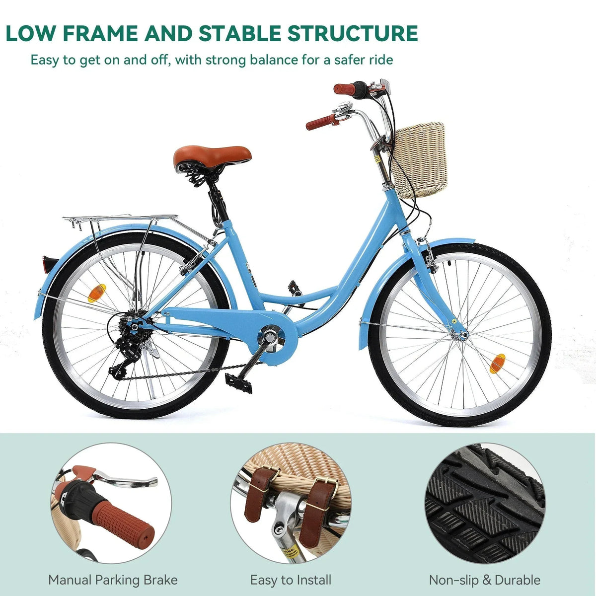 Moasis24/ 26-Zoll-Cruiser-Fahrrad mit 7 Gängen, verstellbarem Durchstieg, Pendlerfahrrad