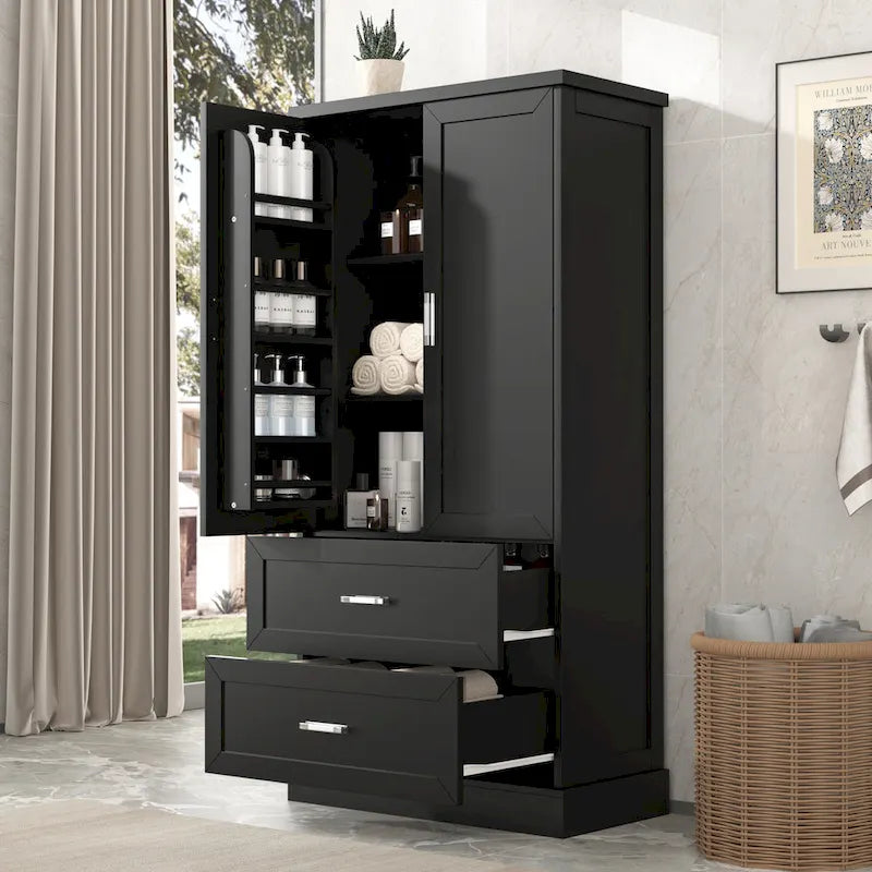 Armoire haute de rangement pour salle de bains, avec deux portes et tiroirs, étagère réglable, panneau MDF