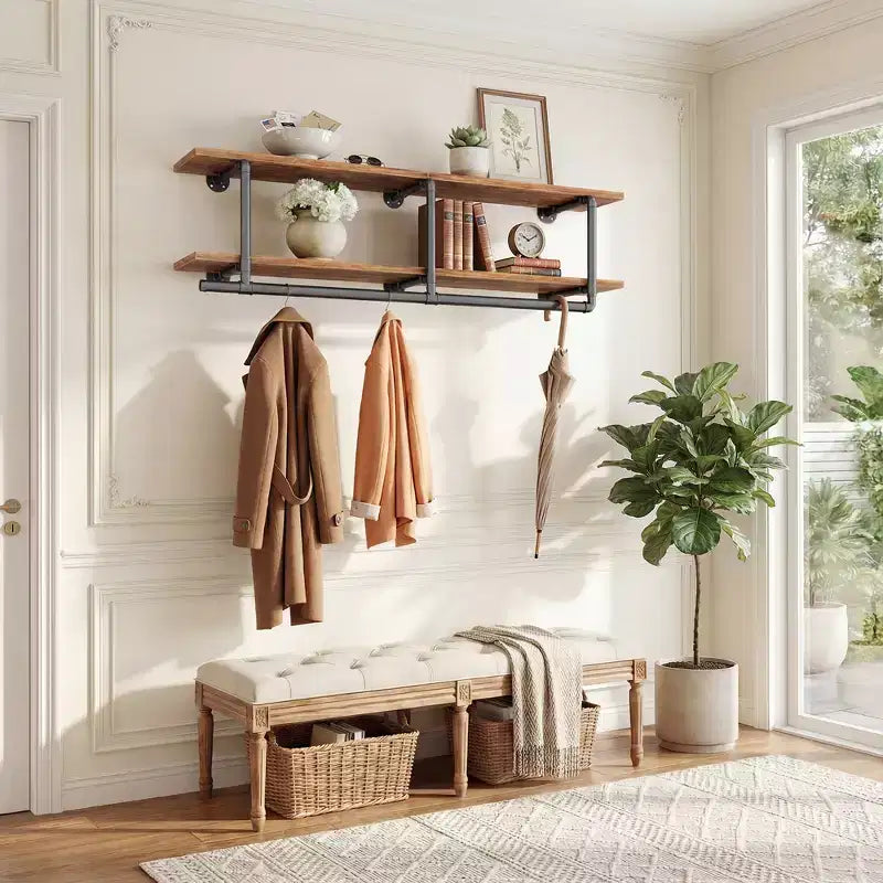 Portant à vêtements Besiost à 2 niveaux avec tringle, étagères à vêtements et étagère supérieure