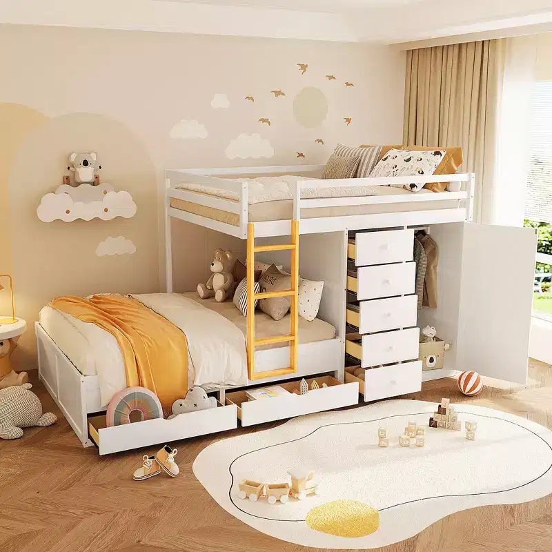 Lit superposé deux places sur deux places avec armoire de rangement et tiroirs, lit superposé en bois deux places gain de place avec barrière de sécurité pour appartement et chambre