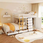 Lit superposé deux places sur deux places avec armoire de rangement et tiroirs, lit superposé en bois deux places gain de place avec barrière de sécurité pour appartement et chambre