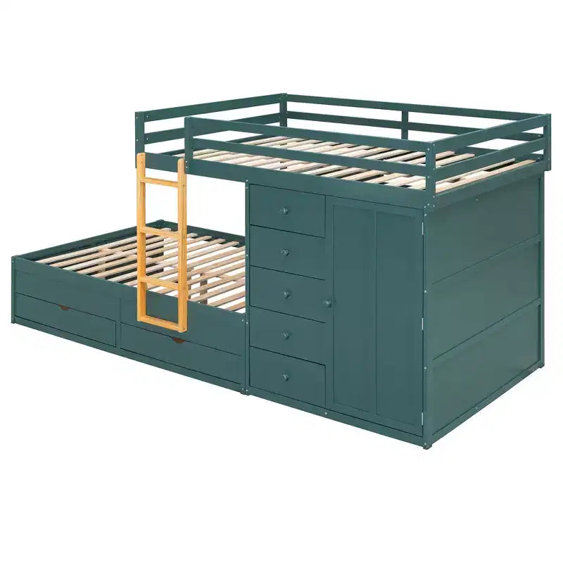 Lit superposé deux places sur deux places avec armoire de rangement et tiroirs, lit superposé en bois deux places gain de place avec barrière de sécurité pour appartement et chambre