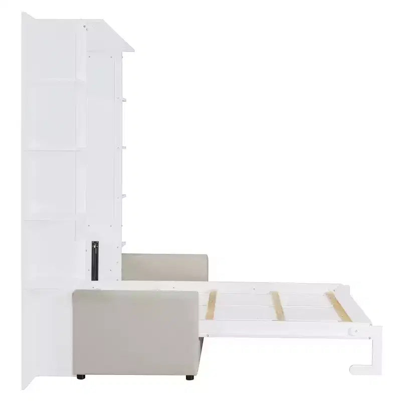 Lit escamotable mural queen size avec canapé, lit armoire pliant queen size avec bibliothèque et étagères pour chambre d’amis ou bureau