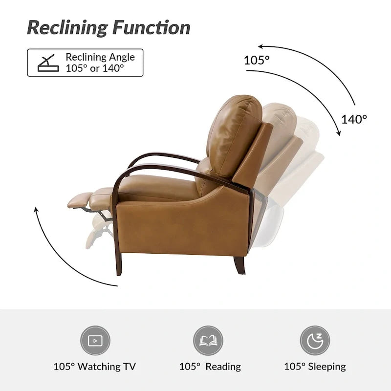 Alex moderner Relaxsessel im Mid-Century-Stil aus echtem Zigarrenleder mit manueller Verstellung und geschwungenen Holzarmlehnen