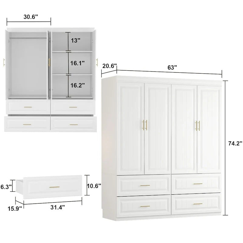 Armoire-penderie de 93,9/74,2 pouces de hauteur avec espace de suspension, tiroirs et rangements