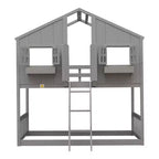 Twin Size House-Shaped Loft Bed, Wood Playhouse Loft Bed with Ladder & Guardrails for Kids