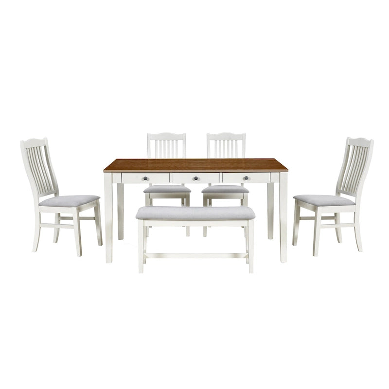 6-delige houten eetkamerset met 4 stoelen en bank, tafel met lade