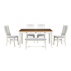 6-delige houten eetkamerset met 4 stoelen en bank, tafel met lade