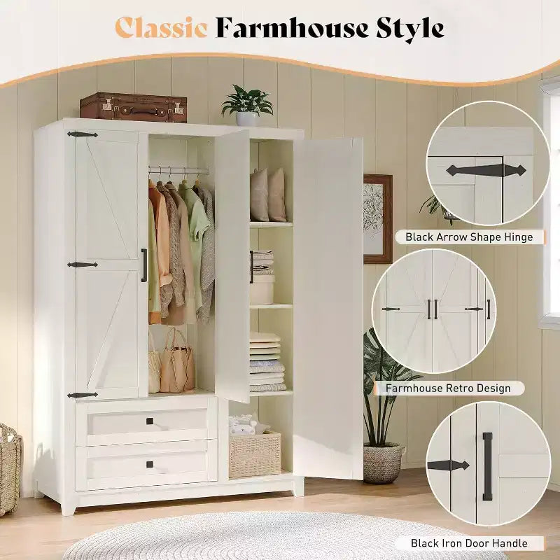 AMERLIFE 47-Zoll-Kleiderschrank im Landhausstil mit 3 Türen, 2 Schubladen, Kleiderstange und verstellbaren Regalen, freistehender Kleiderschrank-Organizer