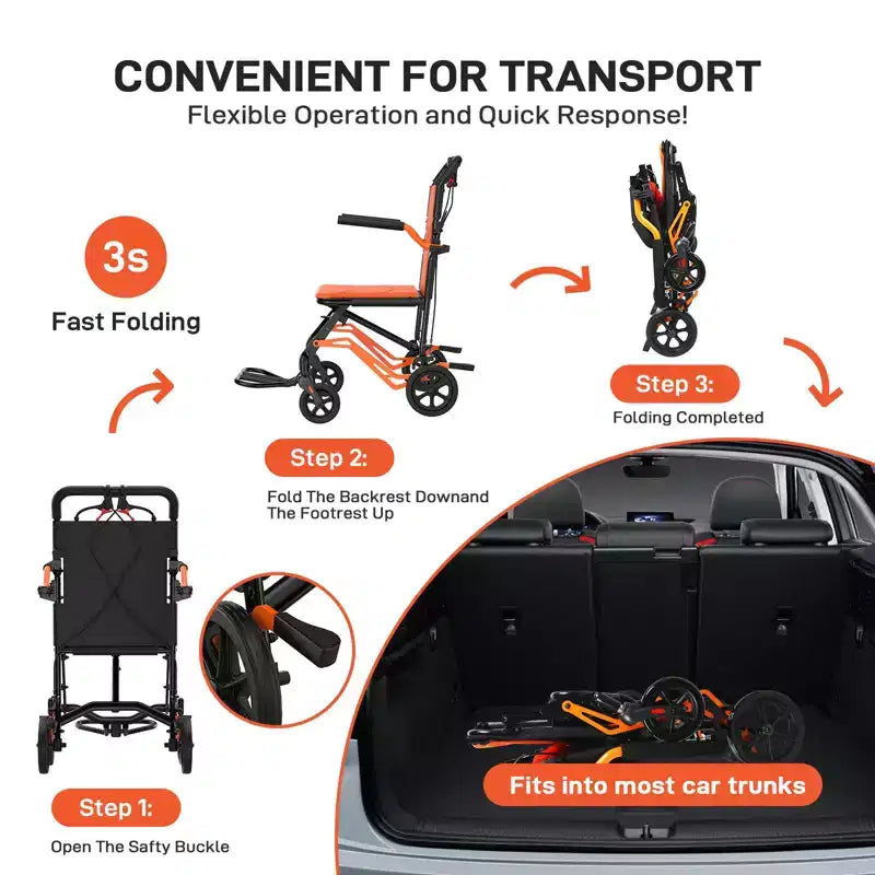 Fauteuil roulant de transport pliable ultraléger, capacité de 220 lb, cadre en aluminium de 18 lb, assise de 16,2, accoudoirs et repose-pieds amovibles, frein à main verrouillable