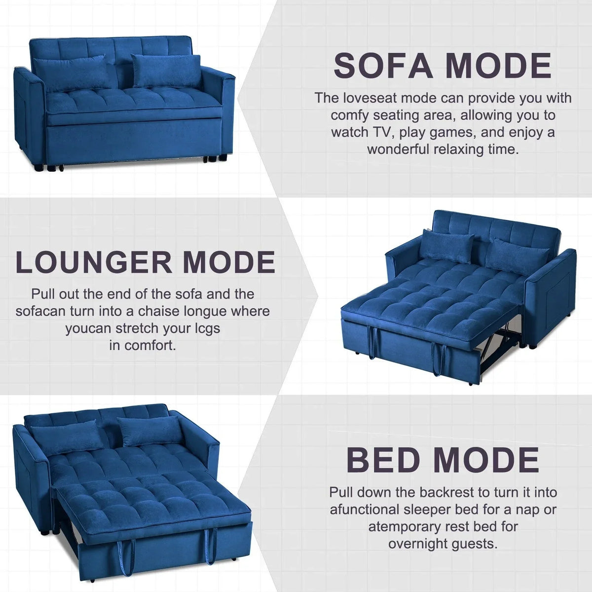 Modernes ausziehbares Schlafsofa, 3-in-1-Schlafsofa mit verstellbarer Rückenlehne, Samt-Loveseat, Kissen und Seitentaschen