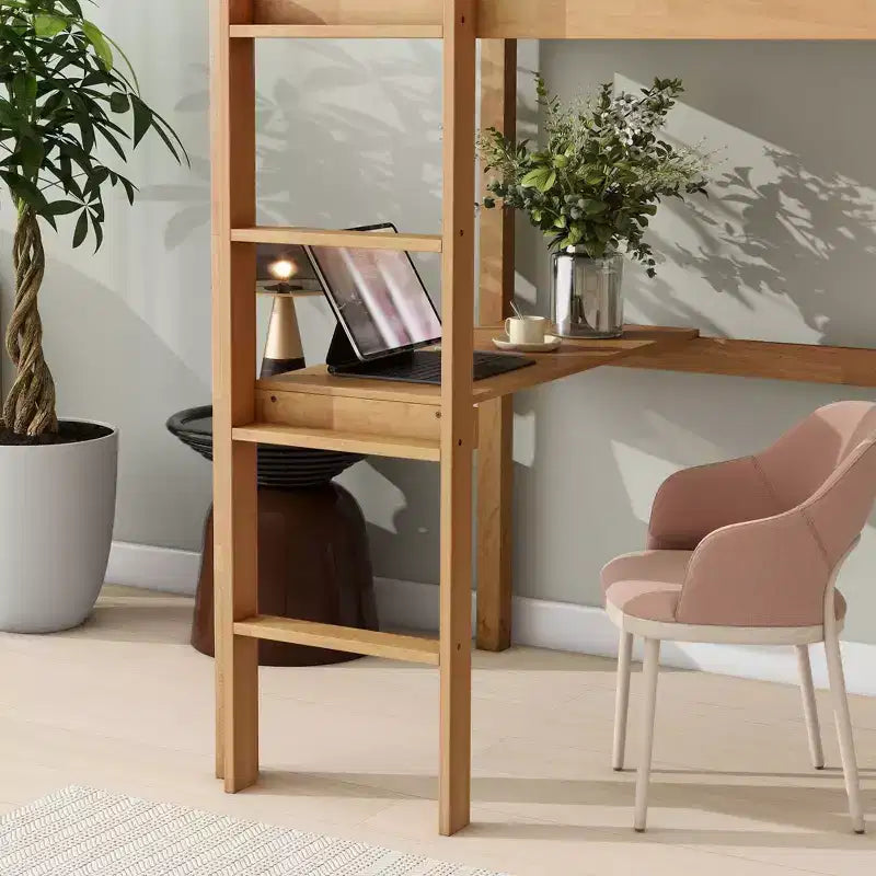 Okak Hochbett im minimalistischen Loft-Stil mit Leiter, Hochbett aus Gummibaumholz für eine Person mit Sicherheitsgeländer und integriertem Schreibtisch, Bettgestell für Kinder und Jugendliche