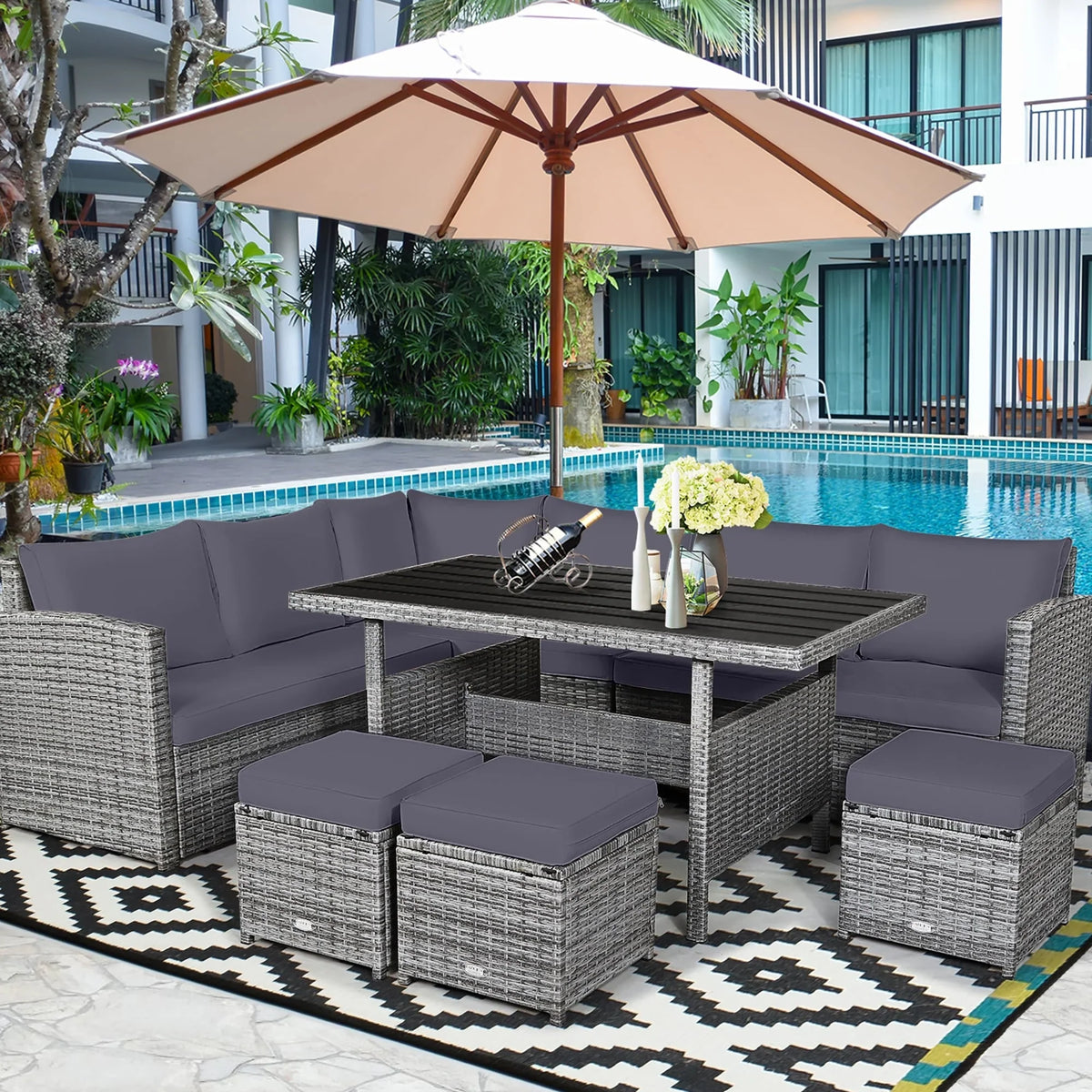 Costway 7 PCS Patio Rattan Dining Set Sectional Sofa Couch Ottoman - See Details