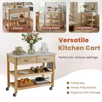 Rolling Kitchen Cart with Marble Top Solid Wood Kitchen Island Cart with 2 Drawers 3-Tier Kitchen Trolley with Lockable Detachable Wheels & Towel Rack