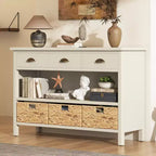 Console d’entrée avec rangement, table de couloir de style champêtre avec 3 tiroirs et 3 paniers en jacinthe d’eau pour le salon ou le vestibule – Panipeachy
