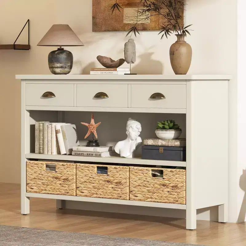 Console d’entrée avec rangement, table de couloir de style champêtre avec 3 tiroirs et 3 paniers en jacinthe d’eau pour le salon ou le vestibule – Panipeachy