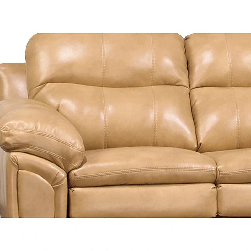 Simon Sofagarnitur aus hellbraunem Lederimitat mit Ledergel, bestehend aus Sofa, Loveseat und Sessel