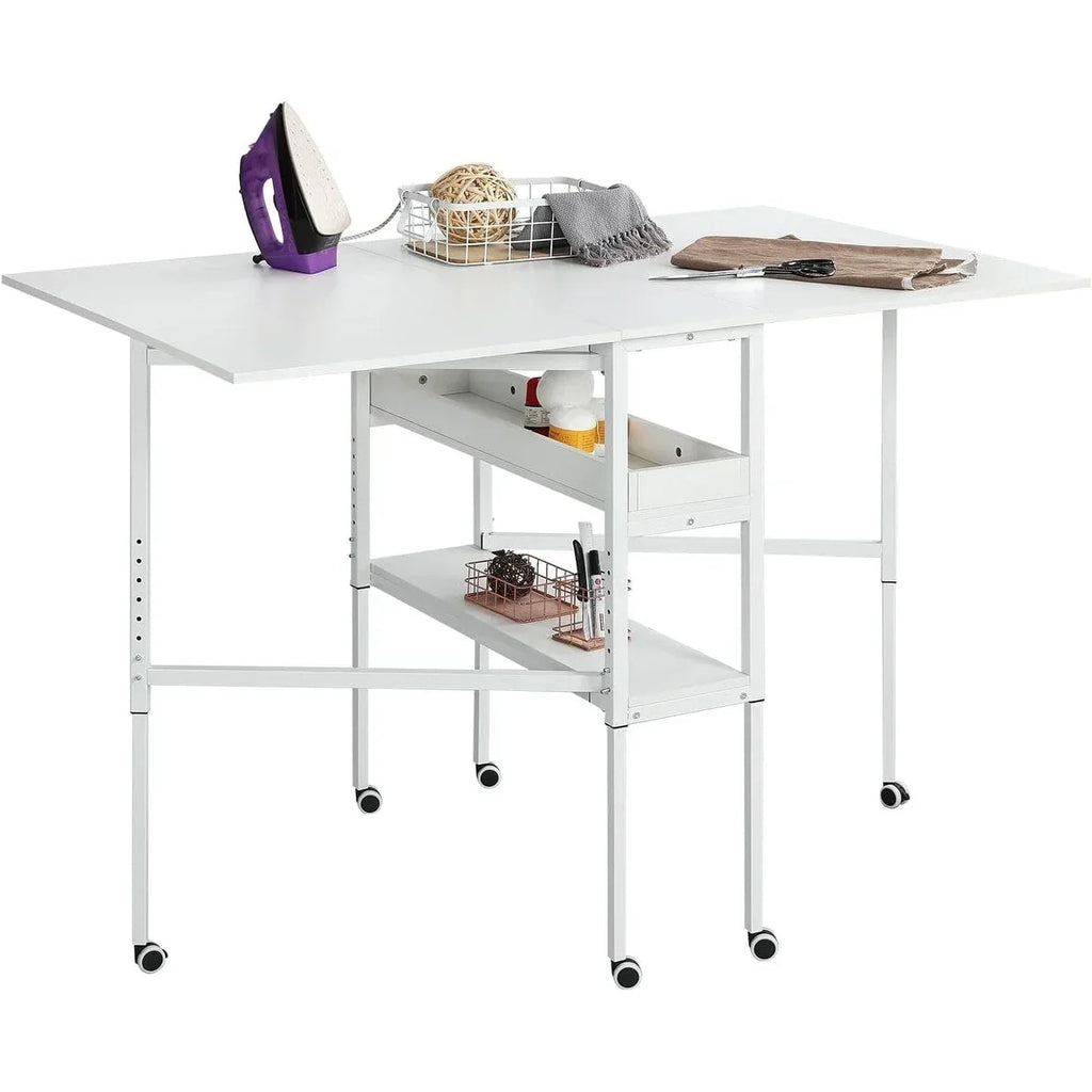 Table de bricolage réglable en hauteur avec étagères de rangement, table de découpe pliante mobile pour bureau à domicile, salle de couture ou atelier créatif