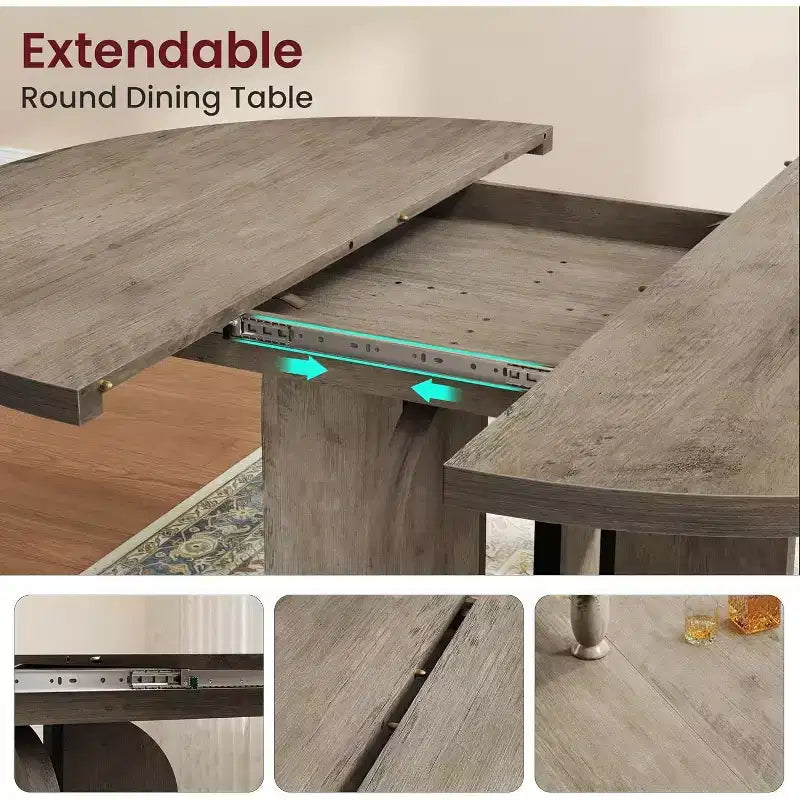 Table à manger ronde extensible de 47 à 63 po pour 4 à 8 personnes, table de cuisine extensible en bois de style champêtre avec structure en métal, table ovale gain de place pour appartement, gris rétro
