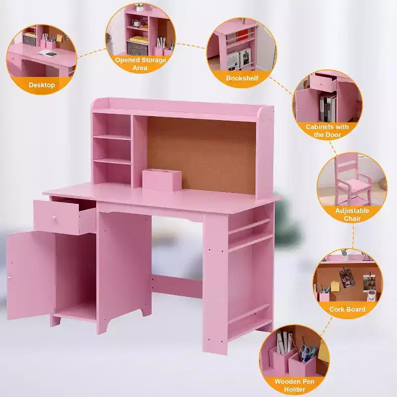 Kinderschreibtisch mit Stuhl-Set für Jungen und Mädchen, hölzerner Kinderschreibtisch mit Bücherregal, Pinnwand, Schrank und Schublade für Kinder von 3–8 Jahren