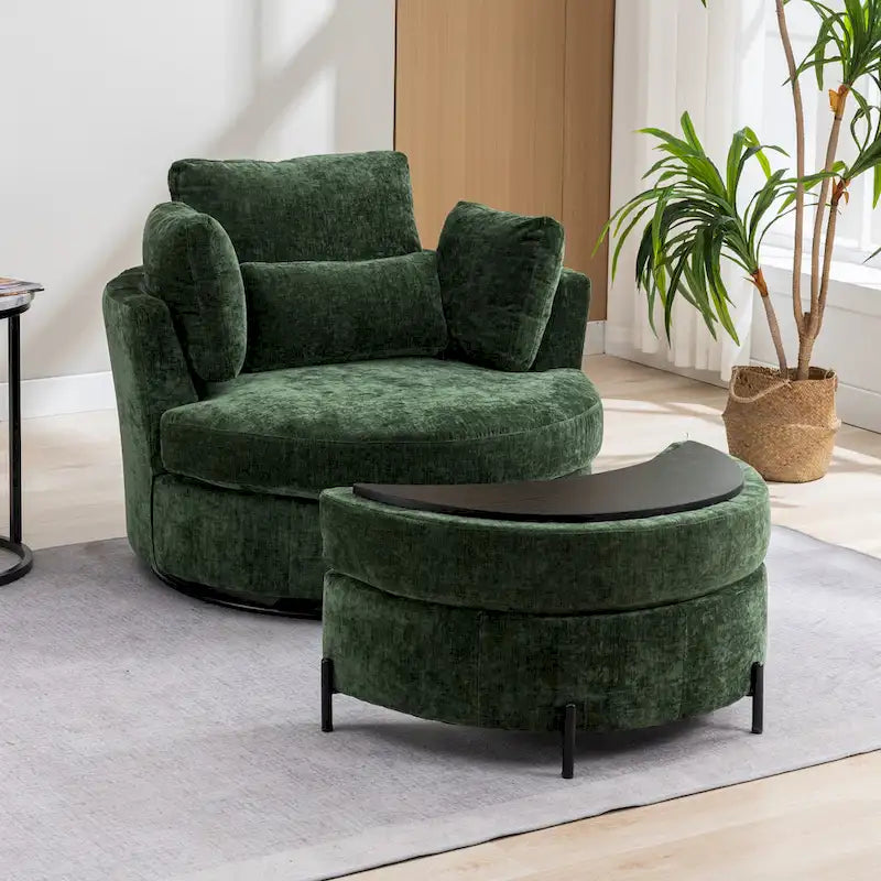 42,3W gestoffeerde draaifauteuil met 4 kussens en halvemaanvormige opberghocker