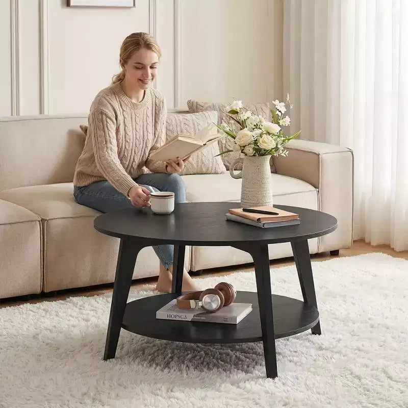 Honingbruine ronde salontafel met 2 opbergniveaus, 31,5 x 17,7 inch, ideaal voor de woonkamer