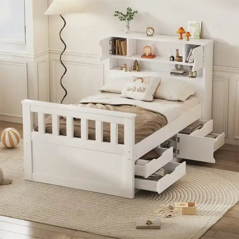 Lit plateforme de capitaine Twin/Full avec 4 tiroirs et étagères de rangement, structure en bois massif avec tête de lit bibliothèque et rangements