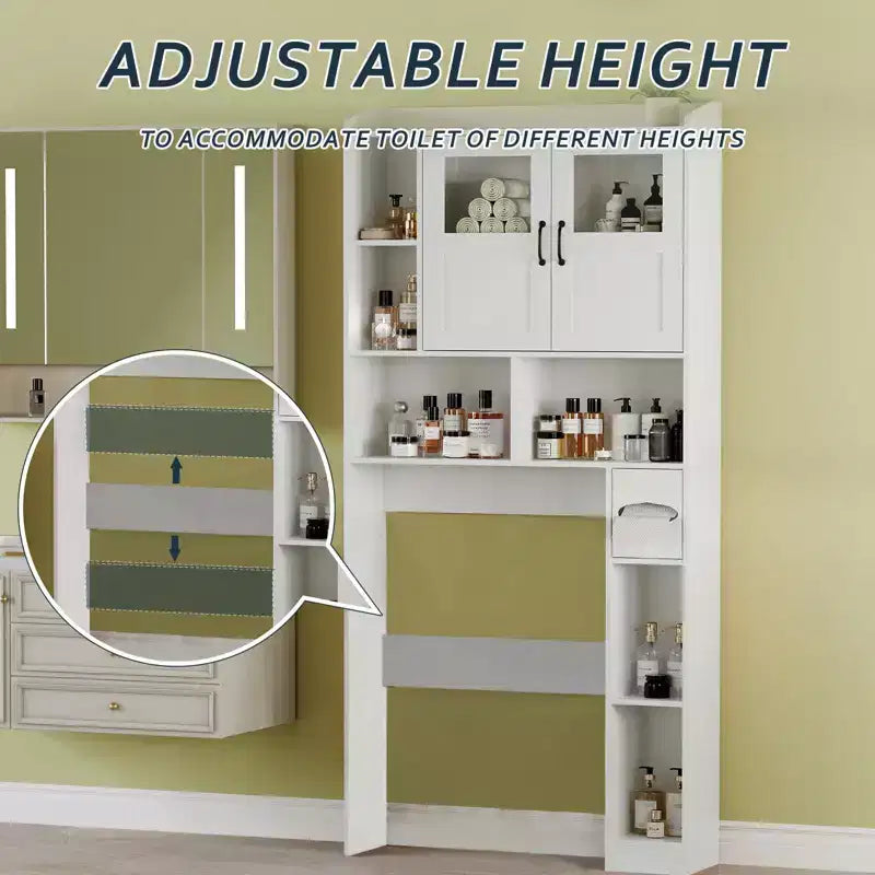 Opbergkast boven het toilet – 171,2 cm hoog, badkamerorganizer en opbergruimte in boerderijstijl met verstelbare plank en glazen deur voor badkamer en wasruimte