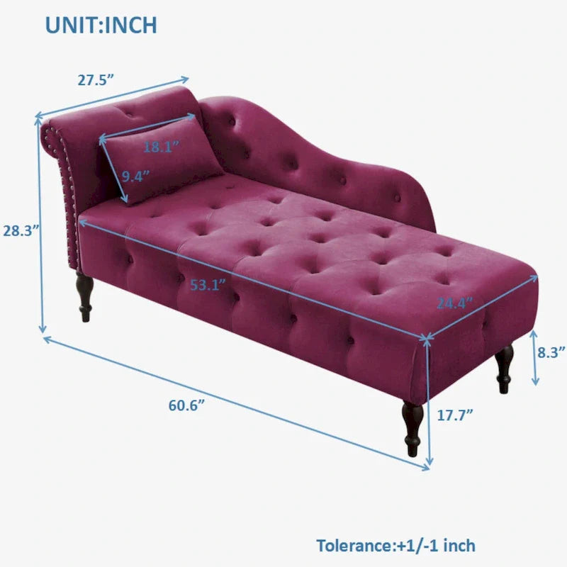 Chaise longue moderne de 60,6 po, capitonnée en velours avec boutons, pieds en bois massif et clous décoratifs