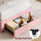 2 Pack Twin Bed Frame with Storage Drawers & Headboard, Velvet Upholstered, Low Profile, Noise-Free, Easy Assembly Pink