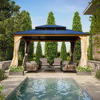 EROMMY Pavillon mit festem Dach, Outdoor-Pergola mit Doppeldach, Netzvorhängen und Vorhängen, robustes Vordach für Terrasse, Garten und Poolpartys