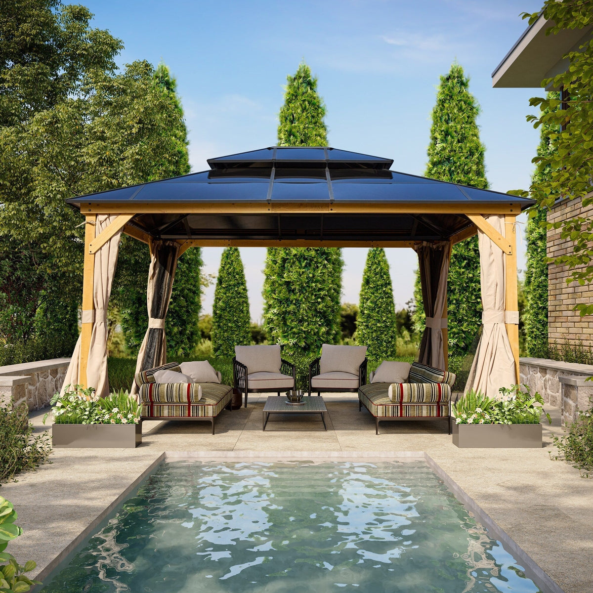 EROMMY Pavillon mit festem Dach, Outdoor-Pergola mit Doppeldach, Netzvorhängen und Vorhängen, robustes Vordach für Terrasse, Garten und Poolpartys