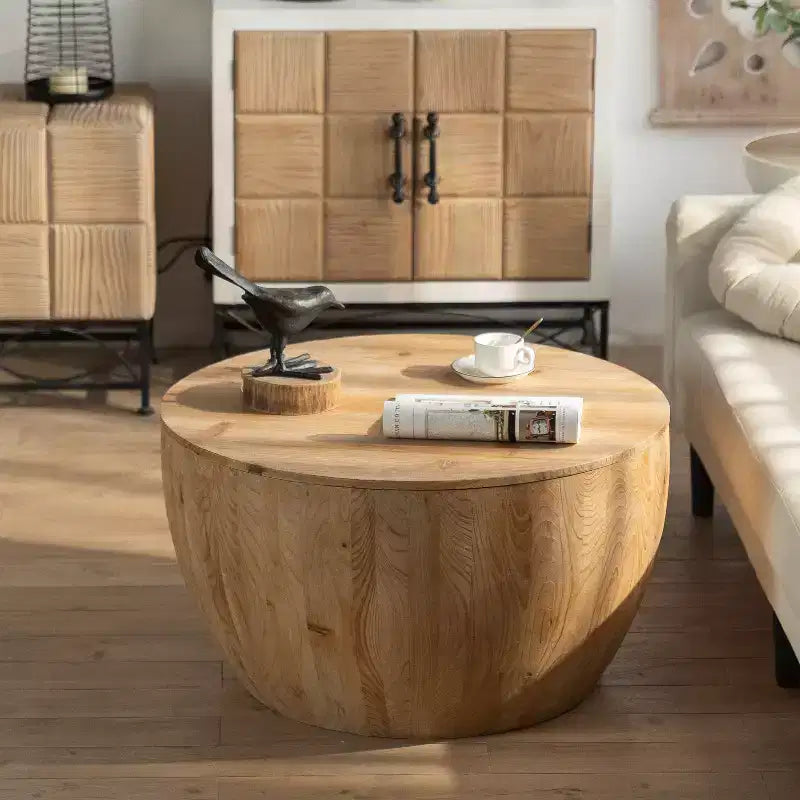Table basse ronde de rangement rétro, en bois, adaptée au salon, à la salle à manger ou au bureau.