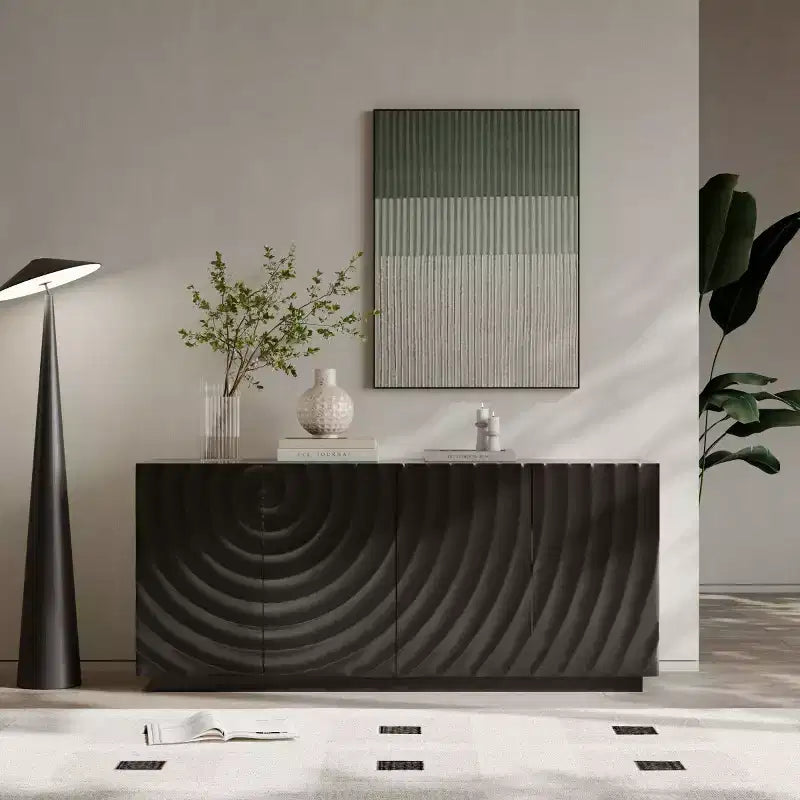 Buffet bahut en spirale moderne 59, meuble de rangement d’entrée artistique bas avec portes à texture ondulée 3D
