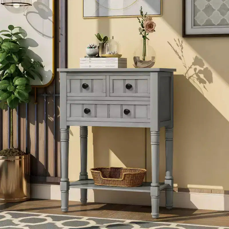 Smalle consoletafel van 60,2 cm met 3 laden en plank, sofatafel voor kleine entrees of woonkamers
