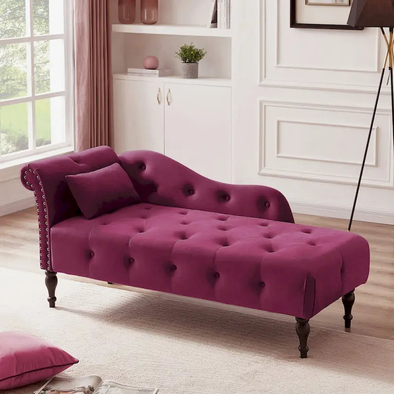 Chaise longue moderne de 60,6 po, capitonnée en velours avec boutons, pieds en bois massif et clous décoratifs