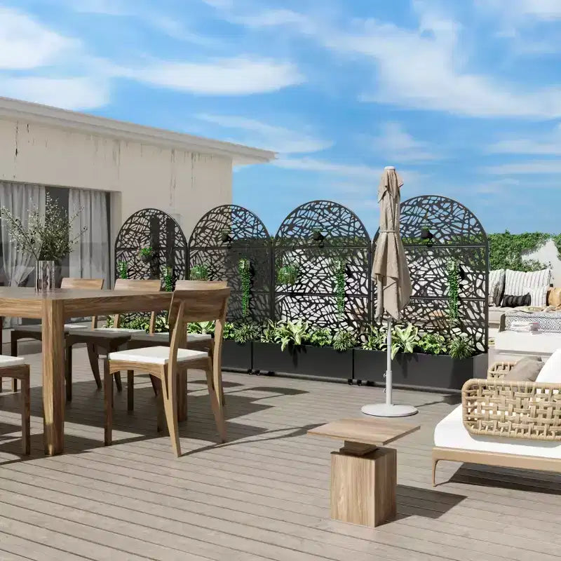 MAYEERTY 72x47 zwarte gebogen ijzeren plantenbak met trellis, decoratief tuinscherm van 3 delen voor terras en balkon