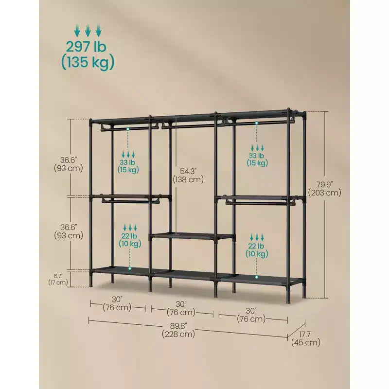 Portant à vêtements SONGMICS, armoire-organisateur robuste avec tringles et étagères, charge totale de 297 lb, montage facile, noir encre