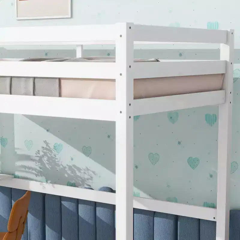 Okak Hochbett im minimalistischen Loft-Stil mit Leiter, Hochbett aus Gummibaumholz für eine Person mit Sicherheitsgeländer und integriertem Schreibtisch, Bettgestell für Kinder und Jugendliche