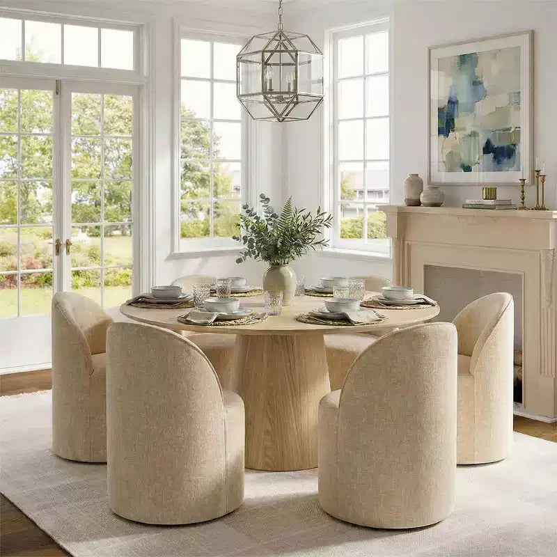 Modernes Esszimmer-Set für 6 Personen, runder Esstisch mit Säulenfuß, drehbare Fassstühle mit Rollen, Chenille-Strukturstoff – Panipeachy