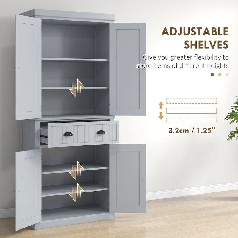 Armoire de rangement de garde-manger de cuisine de 72 pouces, armoire traditionnelle autoportante avec 4 portes et 3 étagères réglables, grand tiroir central