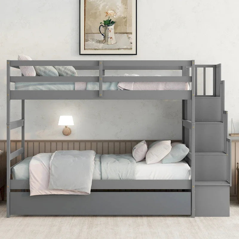 Lits superposés jumeaux avec lit gigogne jumeau et rangements dans l’escalier, coloris gris